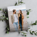 Eenvoudige moderne stijlvolle verticale twee foto save the date<br><div class="desc">Deze eenvoudige maar stijlvolle foto om de datumkaart op te slaan is de perfecte manier om je verloving en aanstaande bruiloft aan vrienden en familie aan te kondigen. De voorkant van deze verticale save the date is voorzien van een moderne type behandeling in wit aan de onderkant van een enkele...</div>