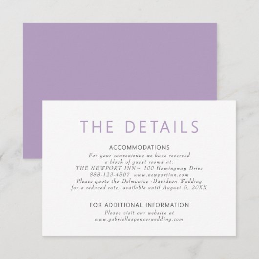 Eenvoudige moderne stoffige Paarse bruiloft detail Informatiekaartje (Voorkant / Achterkant)