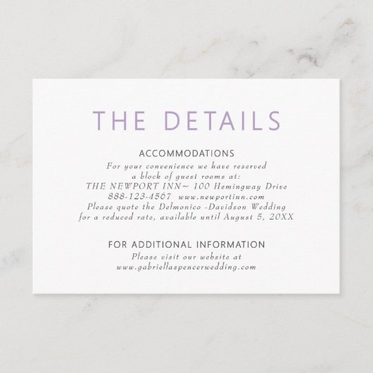 Eenvoudige moderne stoffige Paarse bruiloft detail Informatiekaartje (Voorkant)