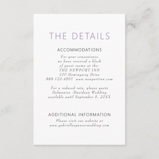 Eenvoudige moderne stoffige Paarse bruiloft detail Informatiekaartje (Voorkant)