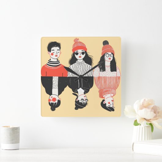 Eenvoudige moderne tekening van coole jonge mensen vierkante klok (Huis)