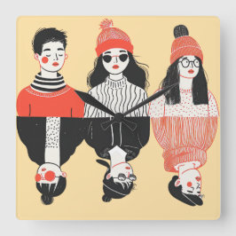 Eenvoudige moderne tekening van coole jonge mensen vierkante klok