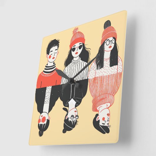 Eenvoudige moderne tekening van coole jonge mensen vierkante klok (Hoek)