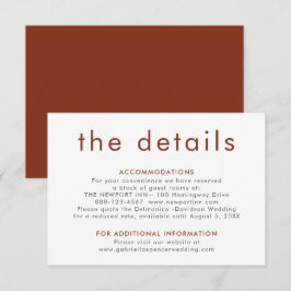 Eenvoudige moderne terracotta roest bruiloft detai informatiekaartje