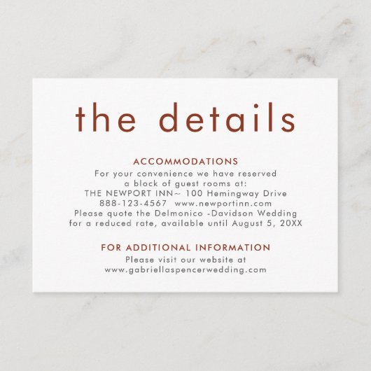 Eenvoudige moderne terracotta roest bruiloft detai informatiekaartje (Voorkant)