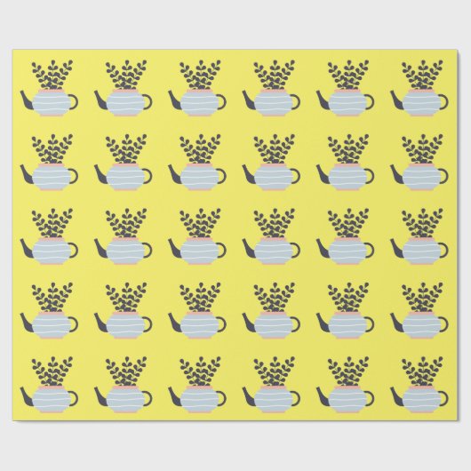 Eenvoudige moderne theepot met plant pastel cadeaupapier (Vlak)