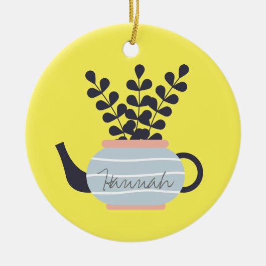 Eenvoudige moderne theepot met plant pastel keramisch ornament (Voorkant)