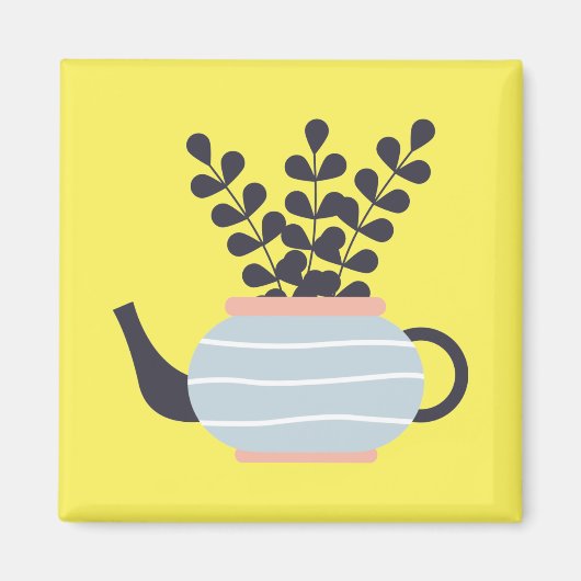 Eenvoudige moderne theepot met plant pastel magneet (Voorkant)