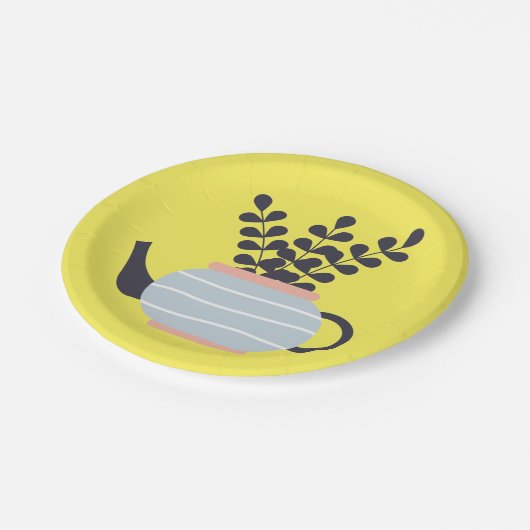 Eenvoudige moderne theepot met plant pastel papieren bordje (Gekanteld)