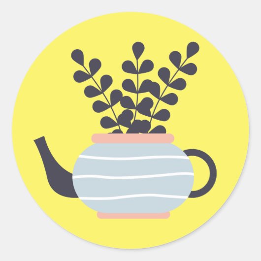 Eenvoudige moderne theepot met plant pastel ronde sticker (Voorkant)