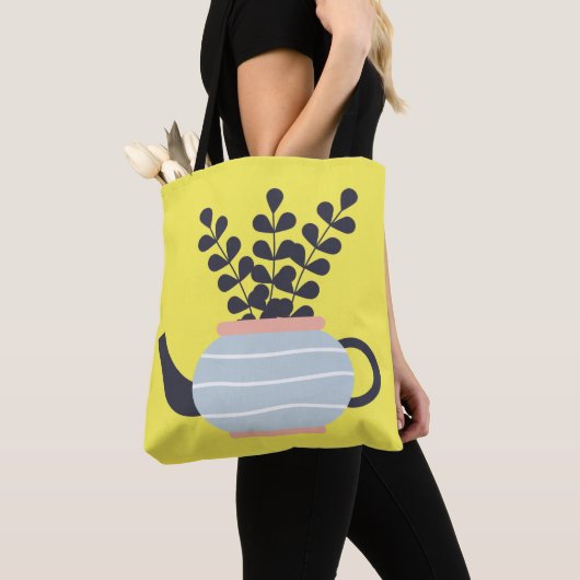 Eenvoudige moderne theepot met plant pastel tote bag (Dichtbij)