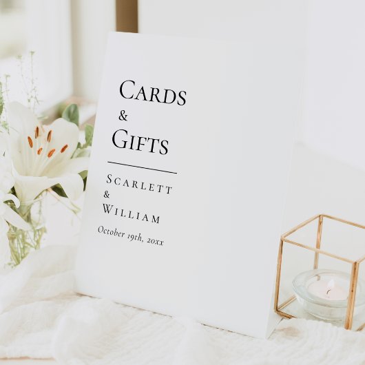 Eenvoudige moderne trouwkaarten en geschenken teke reclamebord met voetstuk