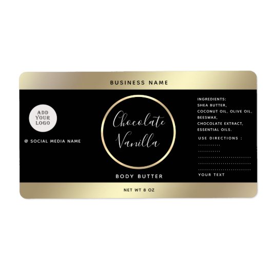 Eenvoudige moderne typografie zwarte goudcosmetisc etiket (Voorkant)