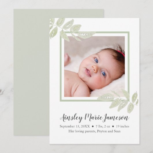 Eenvoudige, moderne Waterverf botanische babymeisj Aankondiging (Voorkant / Achterkant)