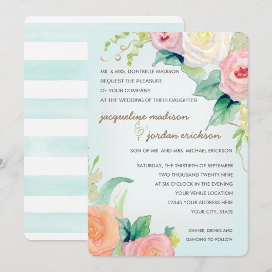 Eenvoudige, moderne Waterverf Floral Rozen Aqua Bl Kaart (Voorkant / Achterkant)