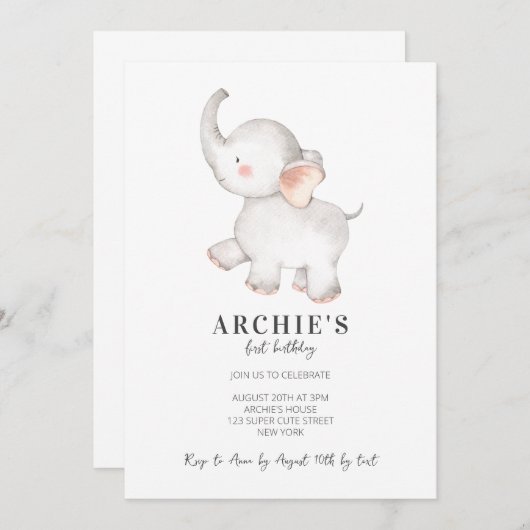 Eenvoudige moderne Waterverf olifant 1e verjaardag Kaart (Voorkant / Achterkant)