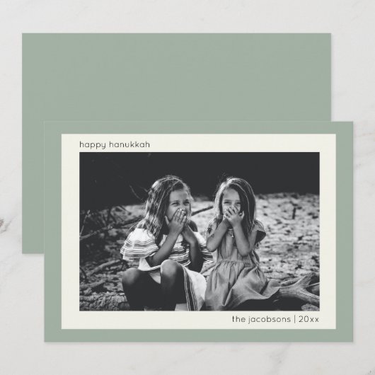 Eenvoudige Moderne Wijze Groene Chanoeka Familiefo Feestdagenkaart (Voorkant / Achterkant)