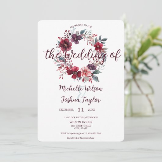 Eenvoudige moderne winter bordeaux bloemenkrans kaart (Staand voorkant)