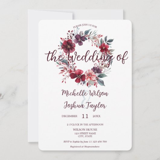 Eenvoudige moderne winter bordeaux bloemenkrans kaart (Voorkant)