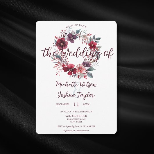 Eenvoudige moderne winter bordeaux bloemenkrans kaart