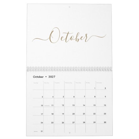 Eenvoudige moderne witte en gouden script maand cu kalender (Okt 2027)