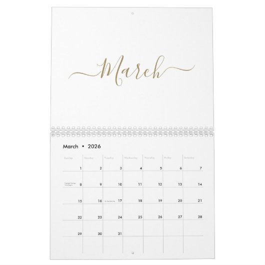 Eenvoudige moderne witte en gouden script maand cu kalender (Mar 2026)