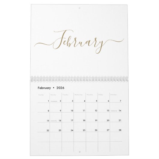 Eenvoudige moderne witte en gouden script maand cu kalender (Feb 2026)