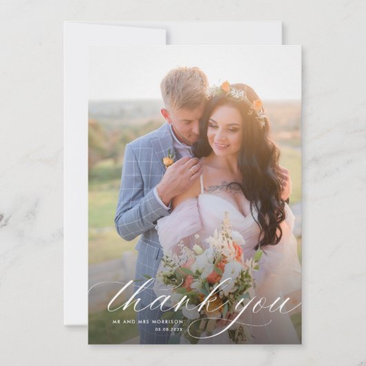 Eenvoudige moderne witte kalligrafie bruiloft bedankkaart (Voorkant)