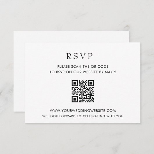 Eenvoudige, moderne, witte QR-CODE RSVP Kaartje (Voorkant / Achterkant)