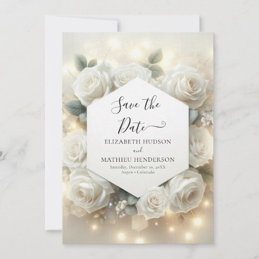 Eenvoudige moderne witte rozen bruiloft save the date (Voorkant)