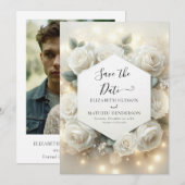 Eenvoudige moderne witte rozen bruiloft save the date (Voorkant / Achterkant)