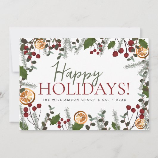 Eenvoudige Moderne Xmas Pine Holly Bedrijfsnaam Feestdagenkaart (Voorkant)
