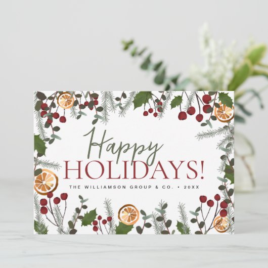 Eenvoudige Moderne Xmas Pine Holly Bedrijfsnaam Feestdagenkaart (Staand voorkant)