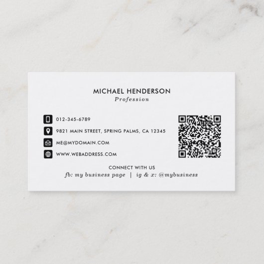 Eenvoudige Moderne Zwart-wit Aangepaste Logo & QR- Visitekaartje (Achterkant)