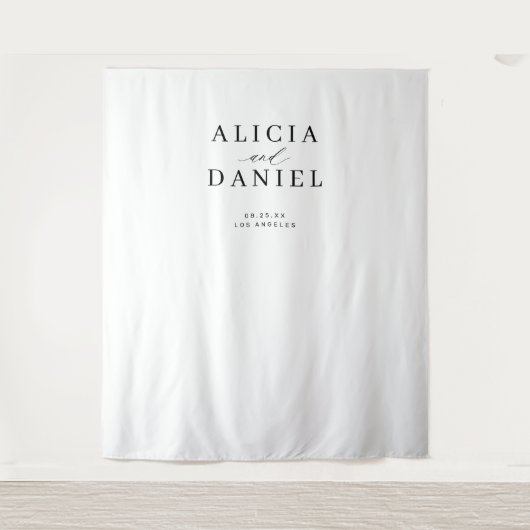 Eenvoudige moderne zwart-wit bruiloft achtergrond wandkleed (Voorkant)