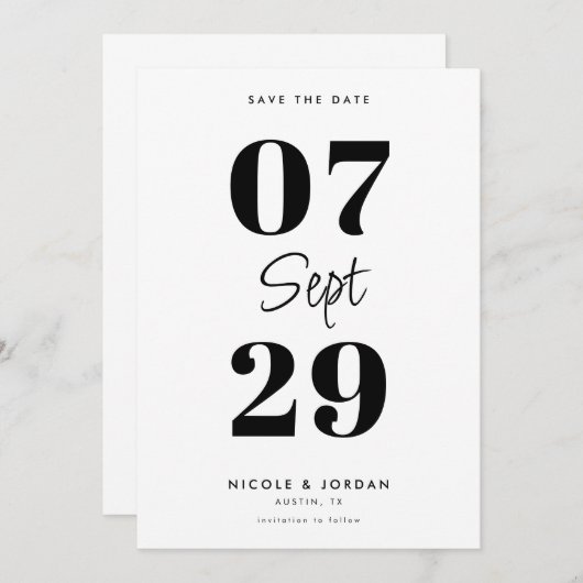 Eenvoudige Moderne Zwart-Wit Bruiloft Save The Date (Voorkant / Achterkant)