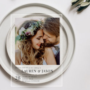 Eenvoudige Moderne Zwart-wit foto bruiloft Acryl Uitnodigingen