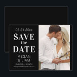 Eenvoudige moderne zwart-wit foto save the date<br><div class="desc">Deze eenvoudige en moderne zwart-wit bruiloft save the date uitnodiging is voorzien van een elegant wit script op een zwarte achtergrond met uw favoriete foto. Creëer door Evco Studio www.zazzle.com/store/evcostudio</div>