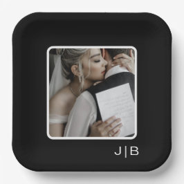 Eenvoudige moderne zwart-wit monogram foto papieren bordje
