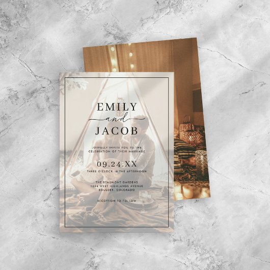 Eenvoudige moderne zwart-wit overlay foto bruiloft kaart