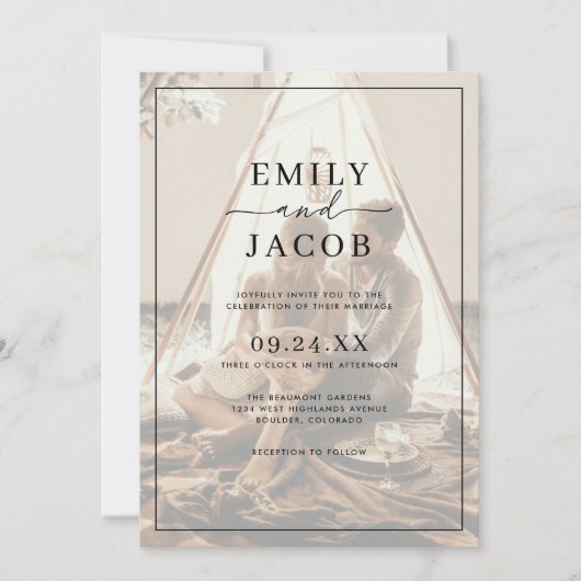 Eenvoudige moderne zwart-wit overlay foto bruiloft kaart (Voorkant)