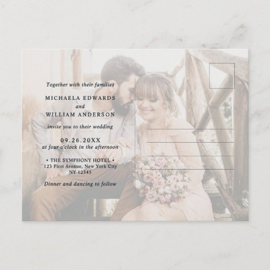 Eenvoudige moderne zwart-wit overlay foto bruiloft uitnodiging briefkaart (Voorkant)