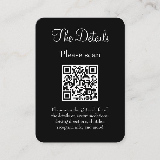 Eenvoudige moderne zwarte bruiloft details QR-code Informatiekaartje (Voorkant)