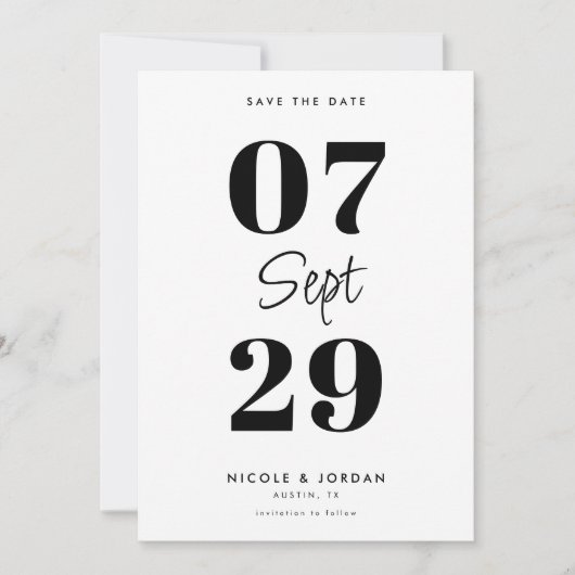 Eenvoudige Moderne Zwarte en Witte Bruiloft Save The Date (Voorkant)