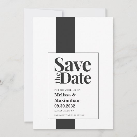 Eenvoudige, moderne, zwarte en witte, minimale bru save the date (Voorkant)