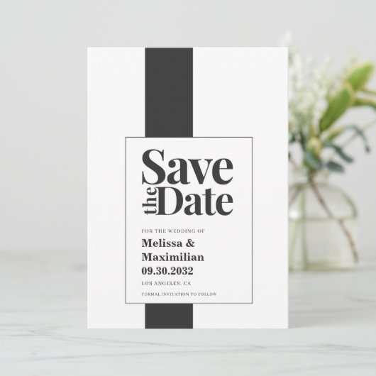 Eenvoudige, moderne, zwarte en witte, minimale bru save the date (Staand voorkant)