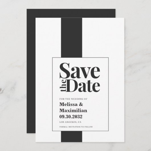 Eenvoudige, moderne, zwarte en witte, minimale bru save the date (Voorkant / Achterkant)