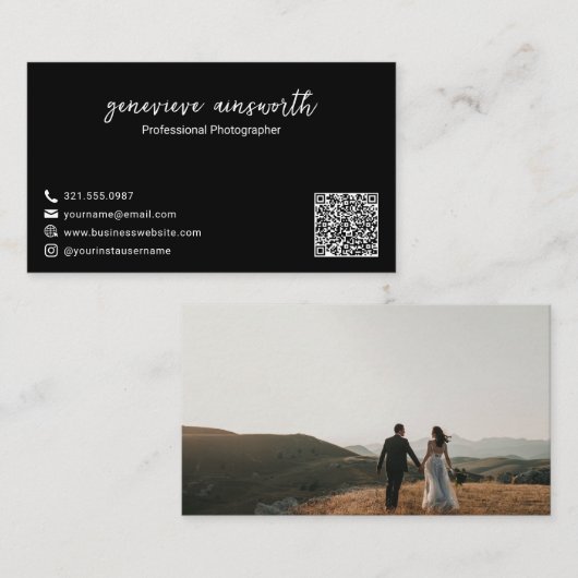 Eenvoudige moderne zwarte foto QR-code legant Visitekaartje (Voorkant / Achterkant)