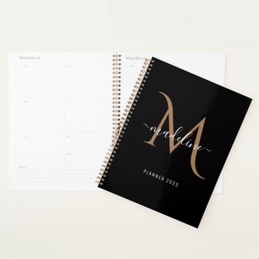 Eenvoudige, moderne zwarte goudmonogram planner (Display)