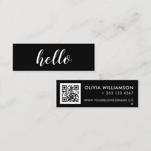 Eenvoudige moderne zwarte Hallo QR-code Mini Visitekaartje (Voorkant / Achterkant)